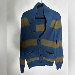 JCrew Factory cable knit cotton cardigan shawl collar Striped Blue Grey Medium